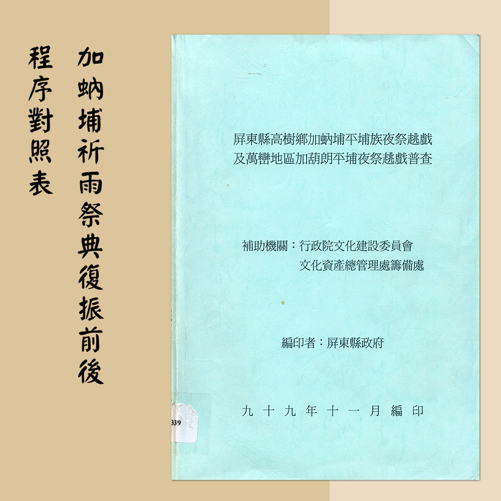〈屏東縣高樹鄉加蚋埔平埔族夜祭趒戲及萬巒地區加匏朗平埔夜祭趒戲普查〉「加蚋埔祈雨祭典復振前後程序對照表」