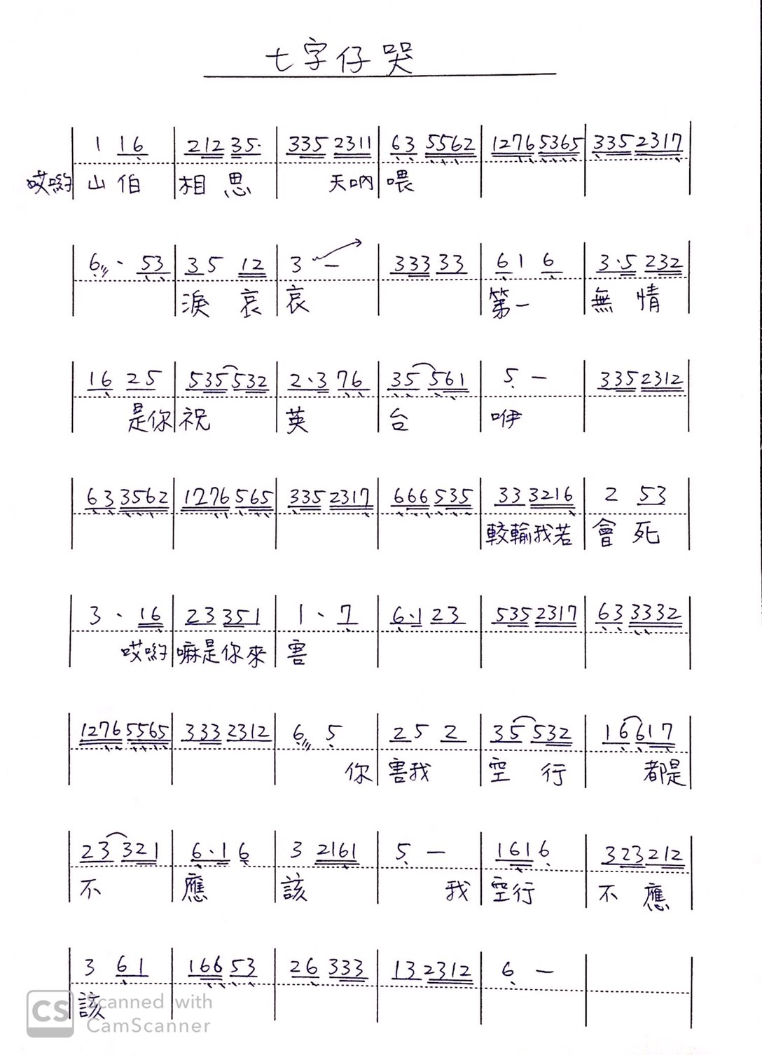 譜例〈七字仔哭〉｜國家文化記憶庫2.0