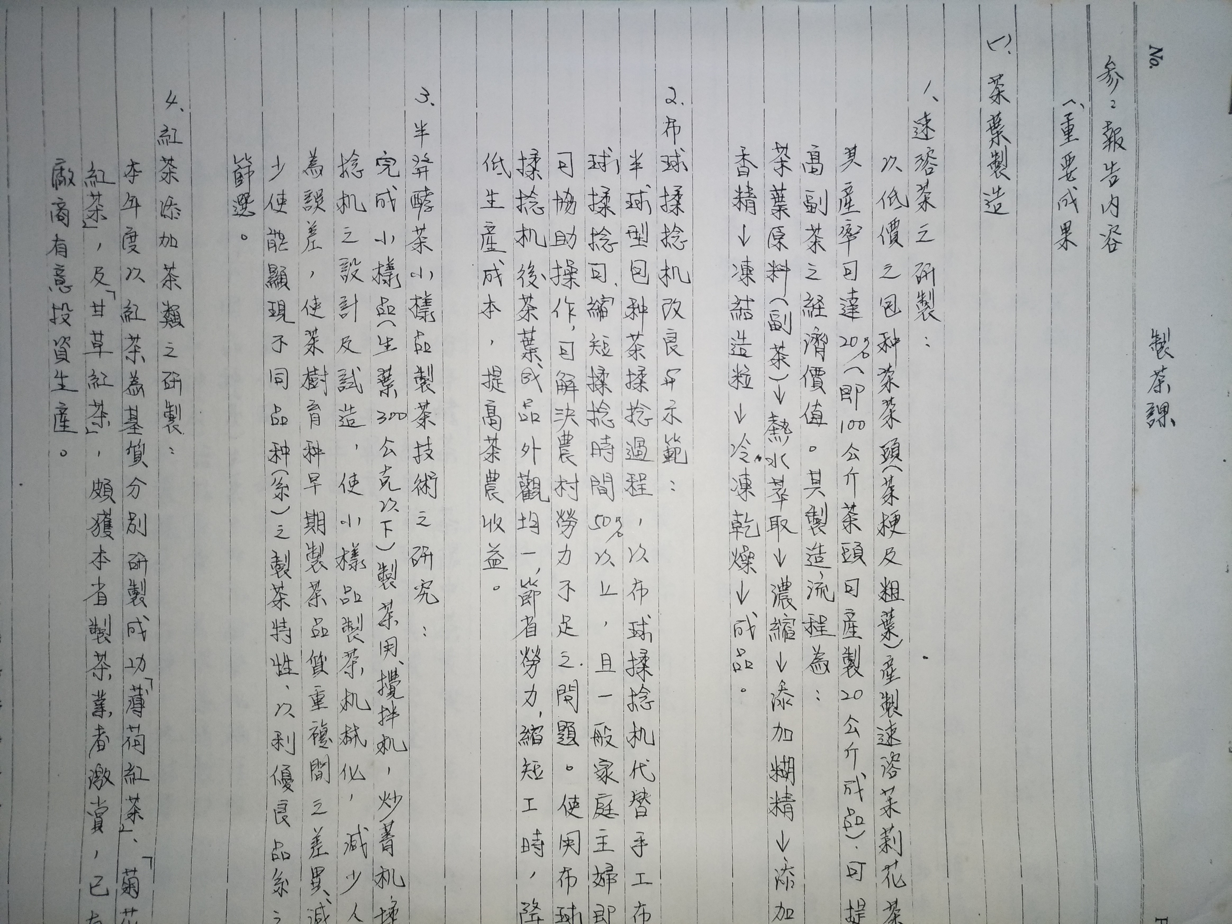 民國七十年代(1981年)茶業改良場製茶課研究計畫成果報告手寫稿-1
